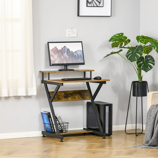 HOMCOM Industrial Computer Desk with Monitor Shelf and Storage Brown